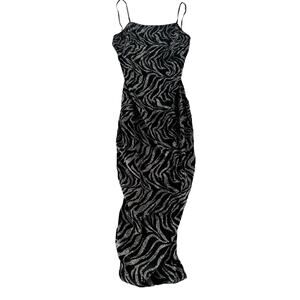 Codigo Black Zebra Animal Sparkle Glitter Sleeveless Maxi Dress Women's